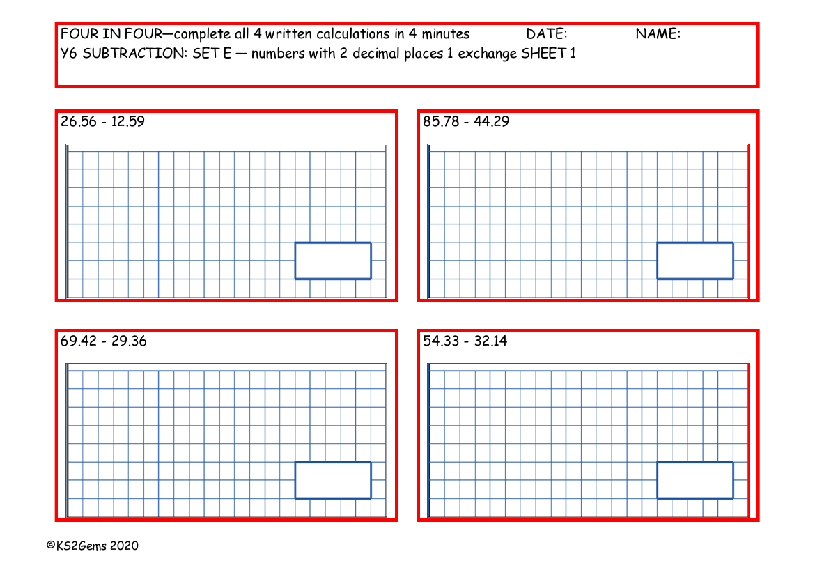 Four in Four - Subtraction Set E - numbers with 2 decimal places 1 exchange