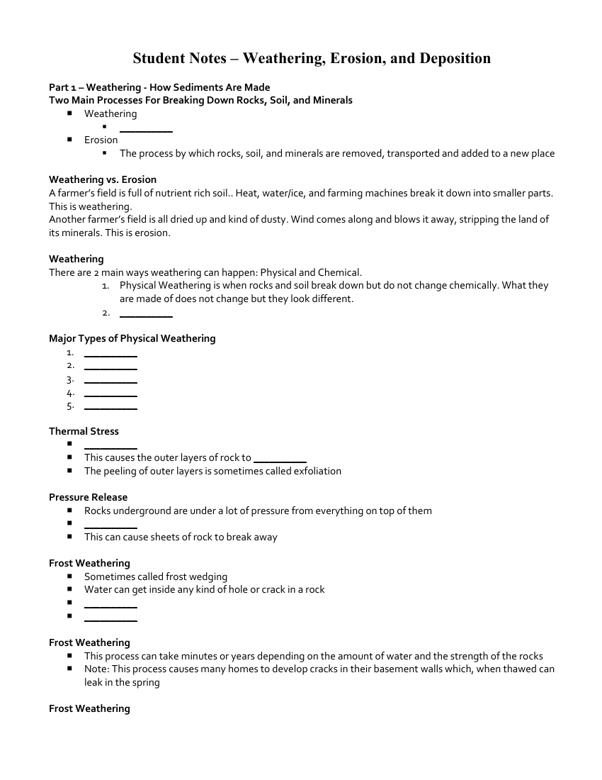 Weathering, Erosion, and Deposition - Student Lesson Outline