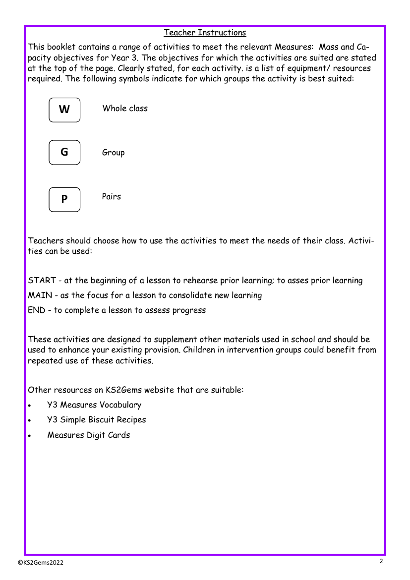 Mass and Capacity teacher Instructions