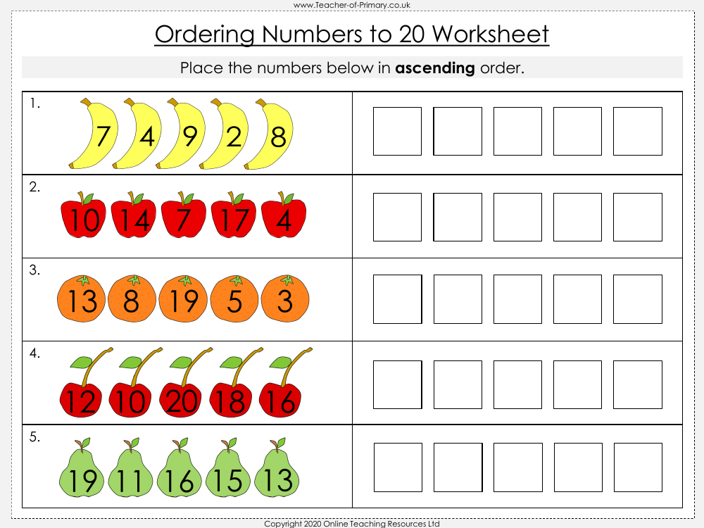 ordering numbers to 20 problem solving