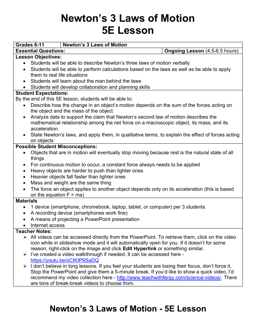 Newton's Three Laws of Motion - Teaching Timeline