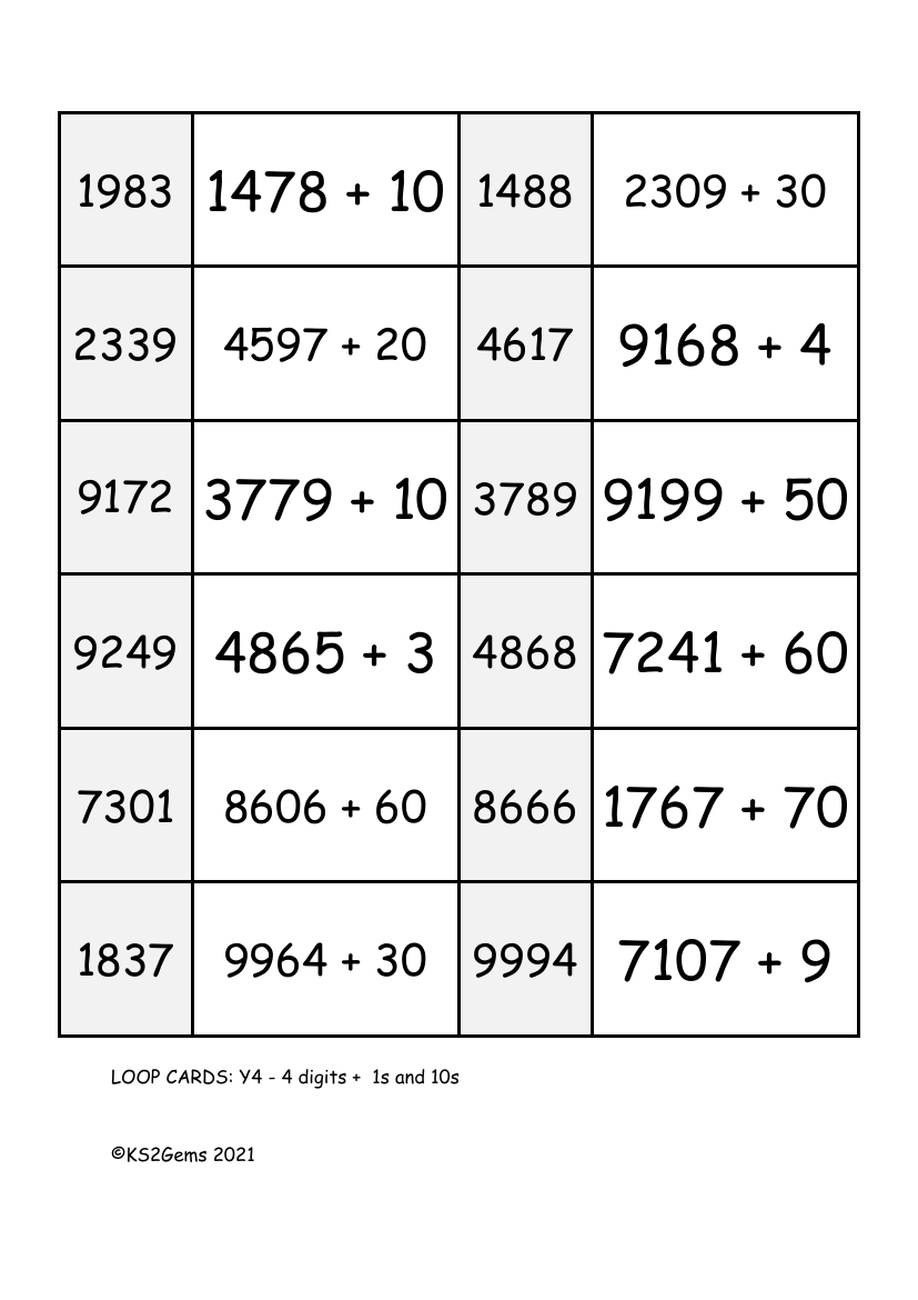 Loop Card Game - 4 digits adding 1s and 10s