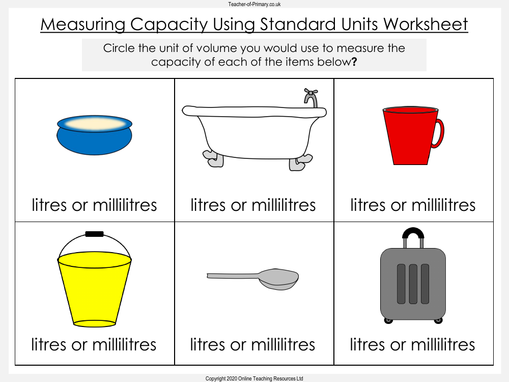 Measuring Capacity Using Standard Units Worksheet Maths Year 1