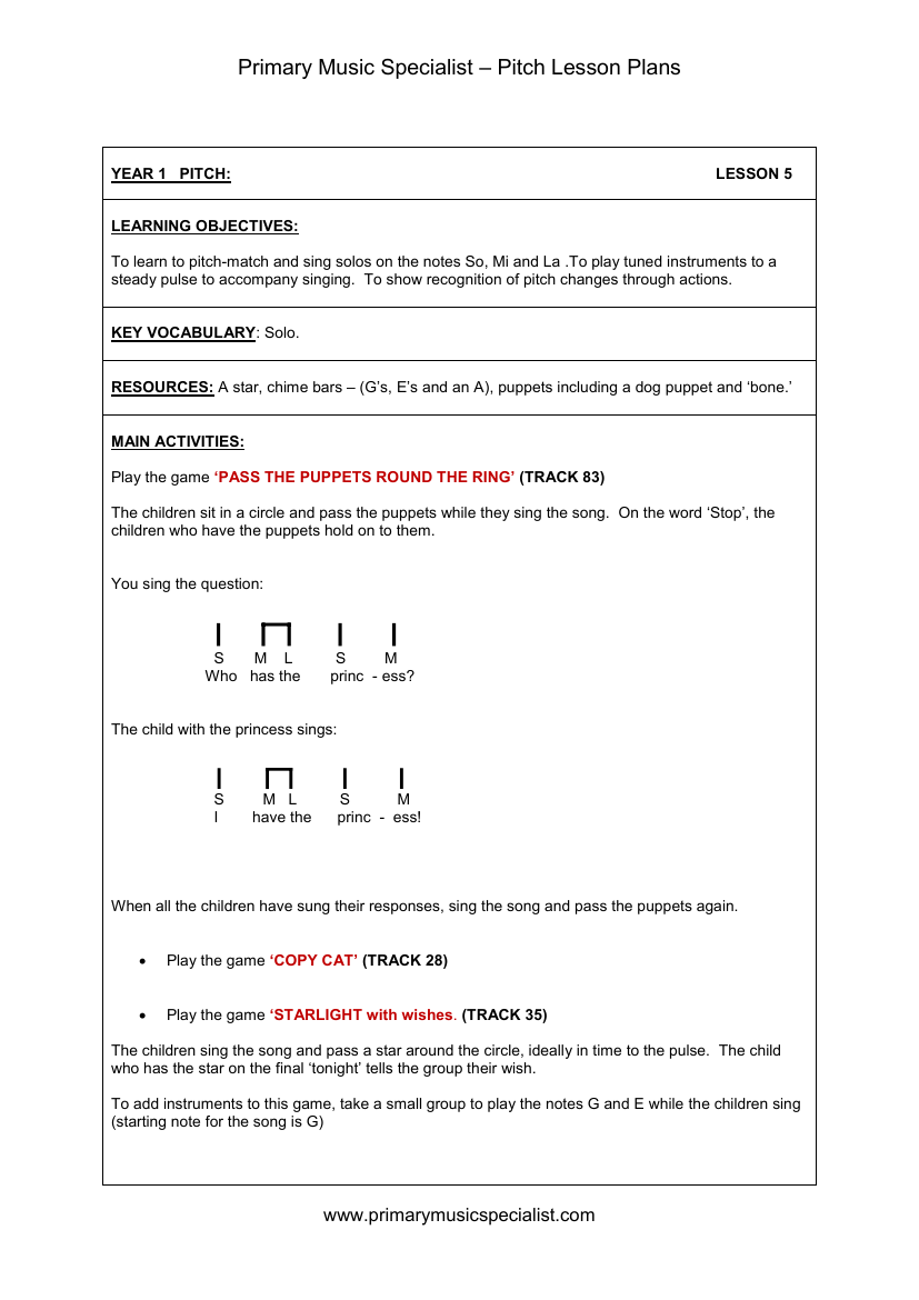 Pitch Lesson Plan - Year 1 Lesson 5