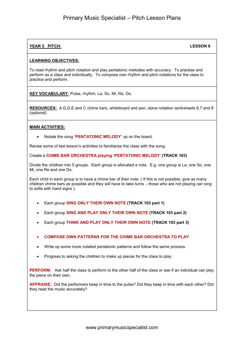 Pitch Lesson Plan - Year 5 Lesson 6