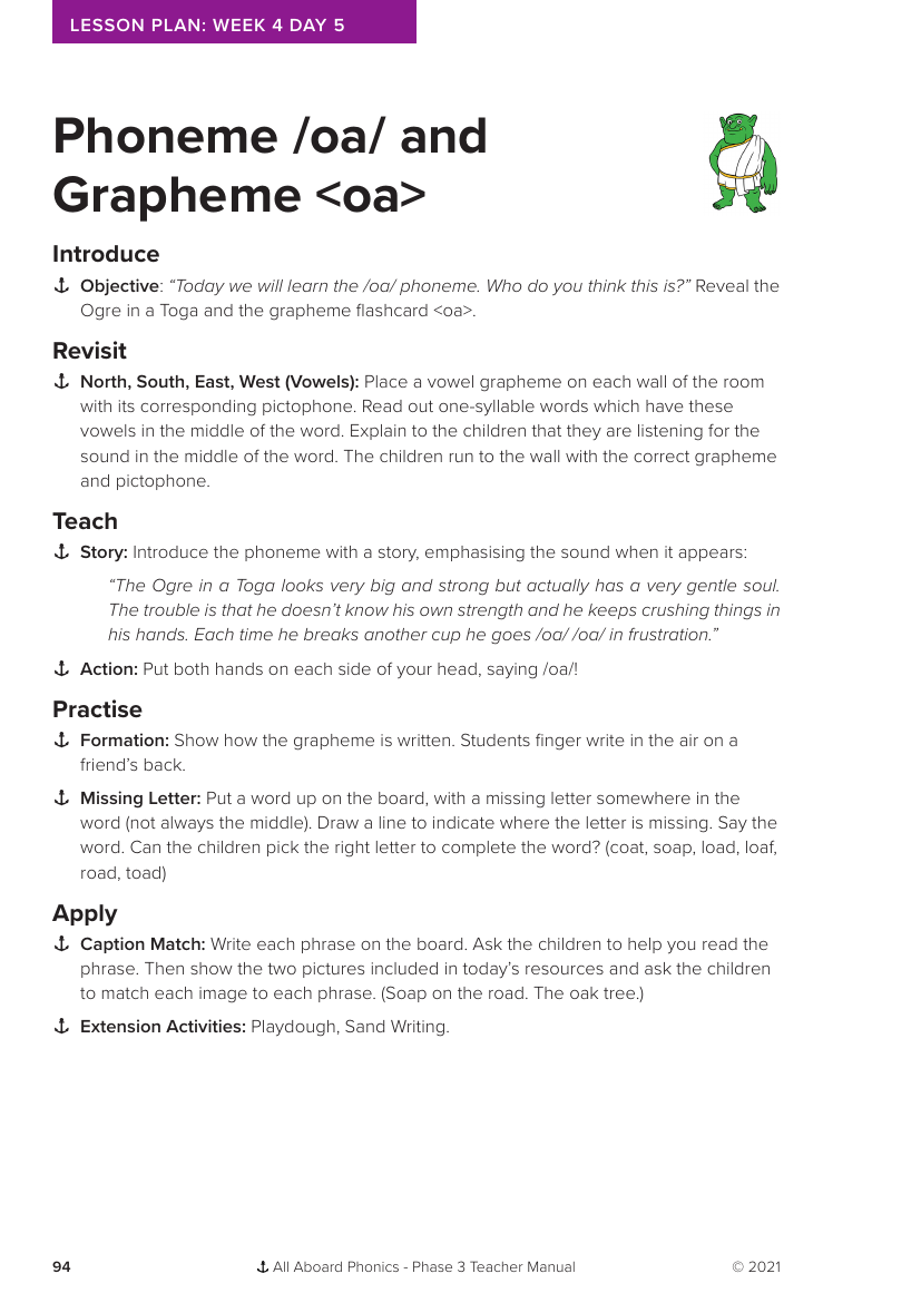 Week 4, lesson 5 Phoneme "oa" and Grapheme "oa" - Phonics Phase 3 - Lesson plan