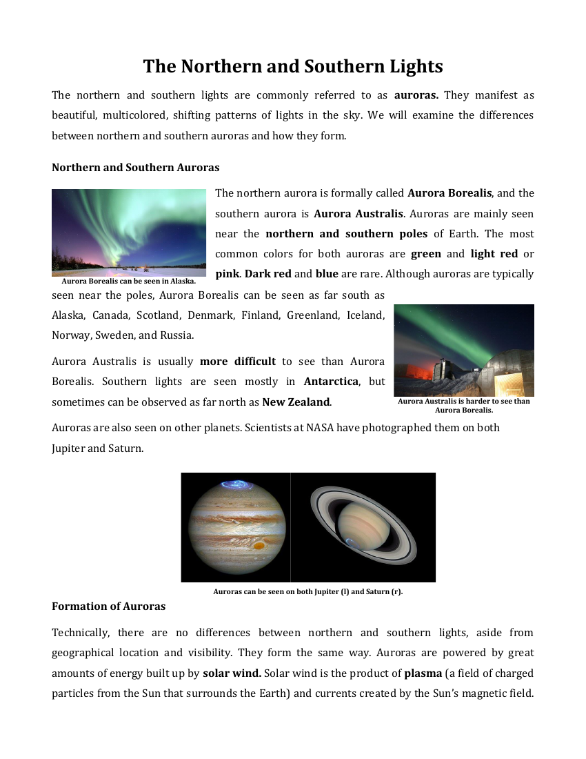 The Northern and Southern Lights - Reading with Comprehension Questions