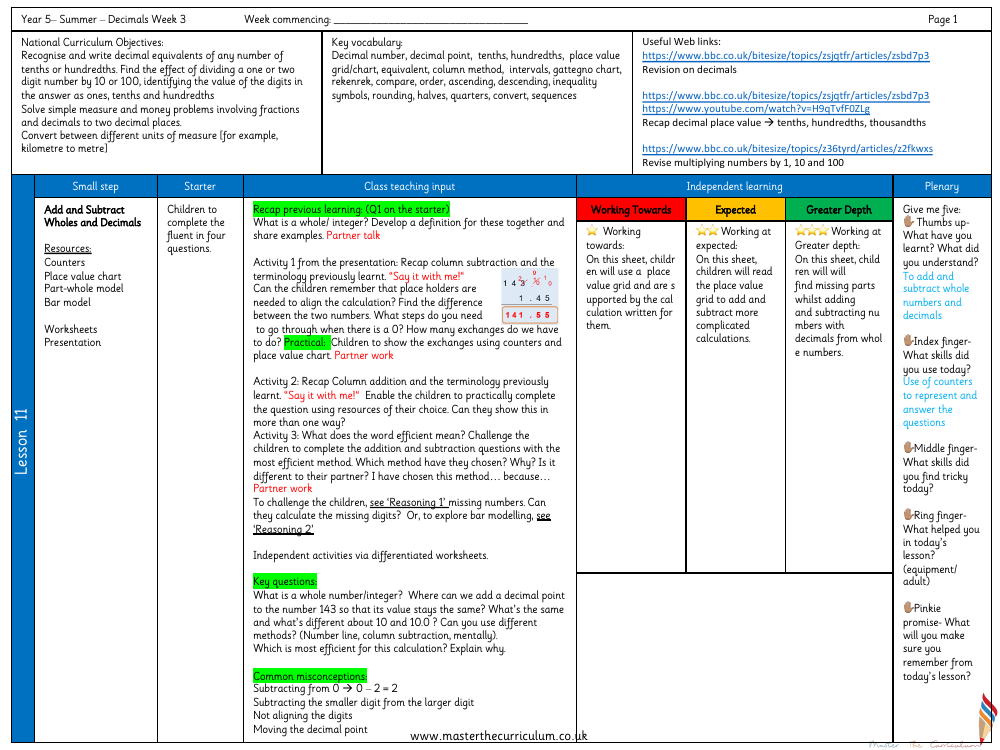 Decimals - Adding and Subtracting Wholes and Decimals - Planning