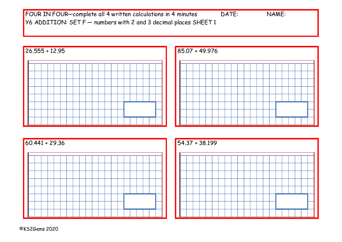 Four in Four - Addition Set F - numbers with 2 and 3 decimal places