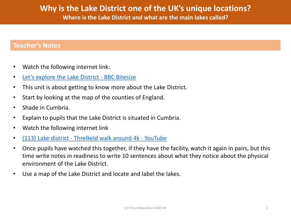 Where is the Lake District located and what are the main lakes called? - Teacher's Notes