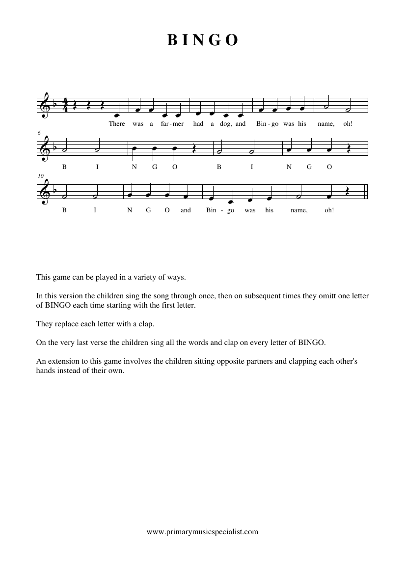 Singing Games Year 1 Notations - Bingo