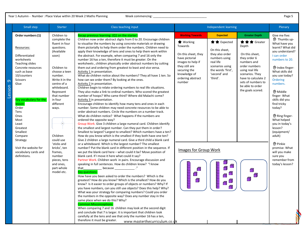 Place Value within 20 - Order numbers - Planning