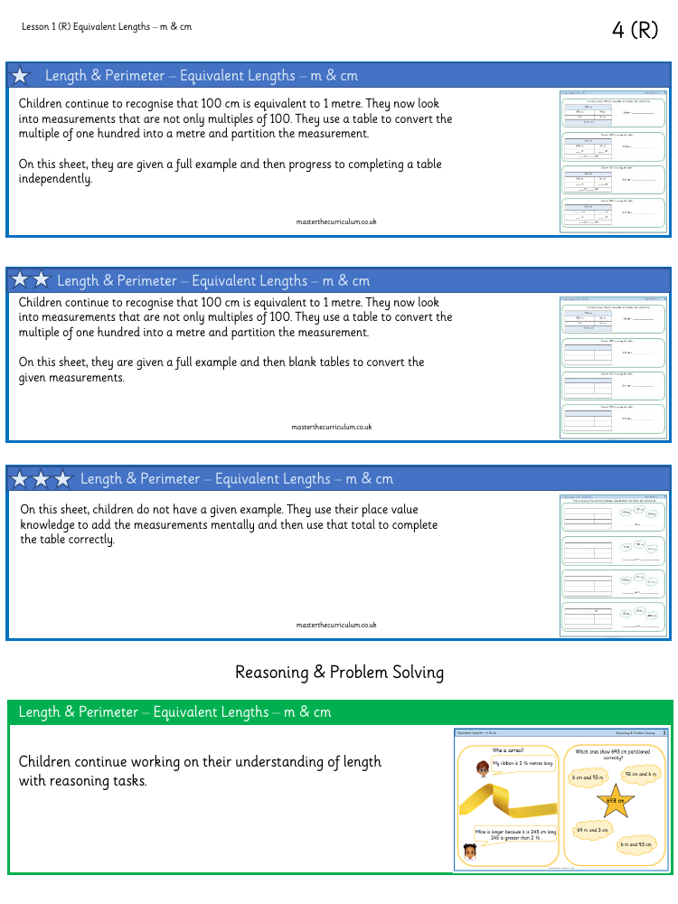 Measurement Length and Perimeter - Equivalent Lengths – m & cm - Worksheet