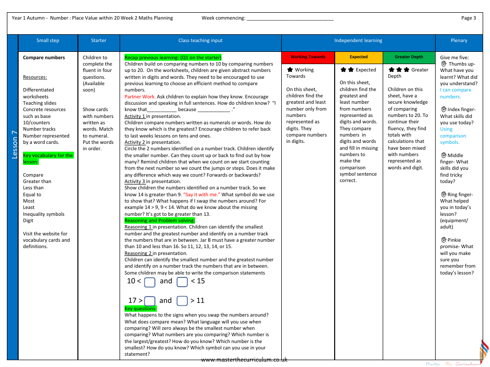 Place Value within 20 - Compare numbers - Planning