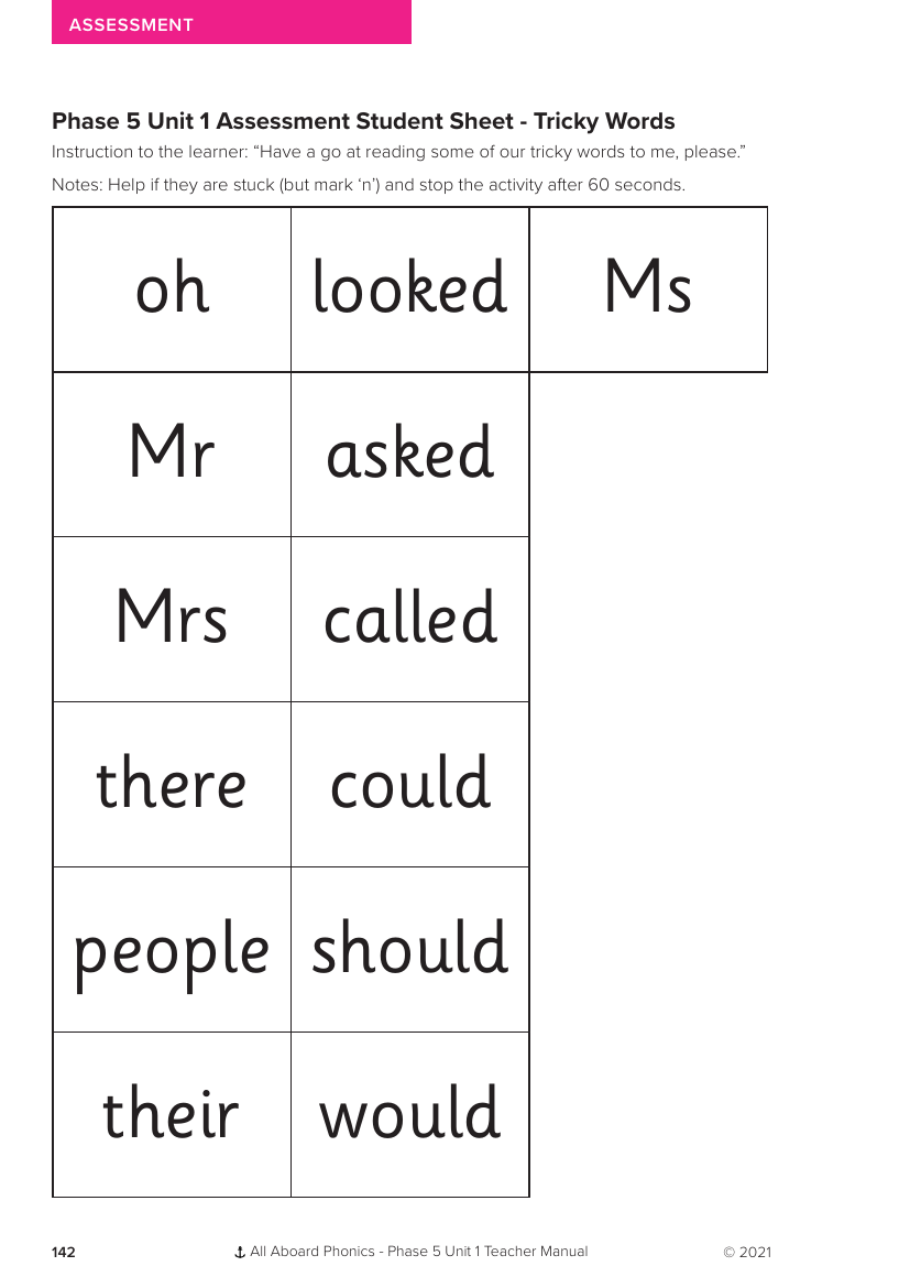 Phase 5 Unit 1 Assessment Student Sheet - Tricky Words  - Phonics Phase 5, unit 1 - Resource