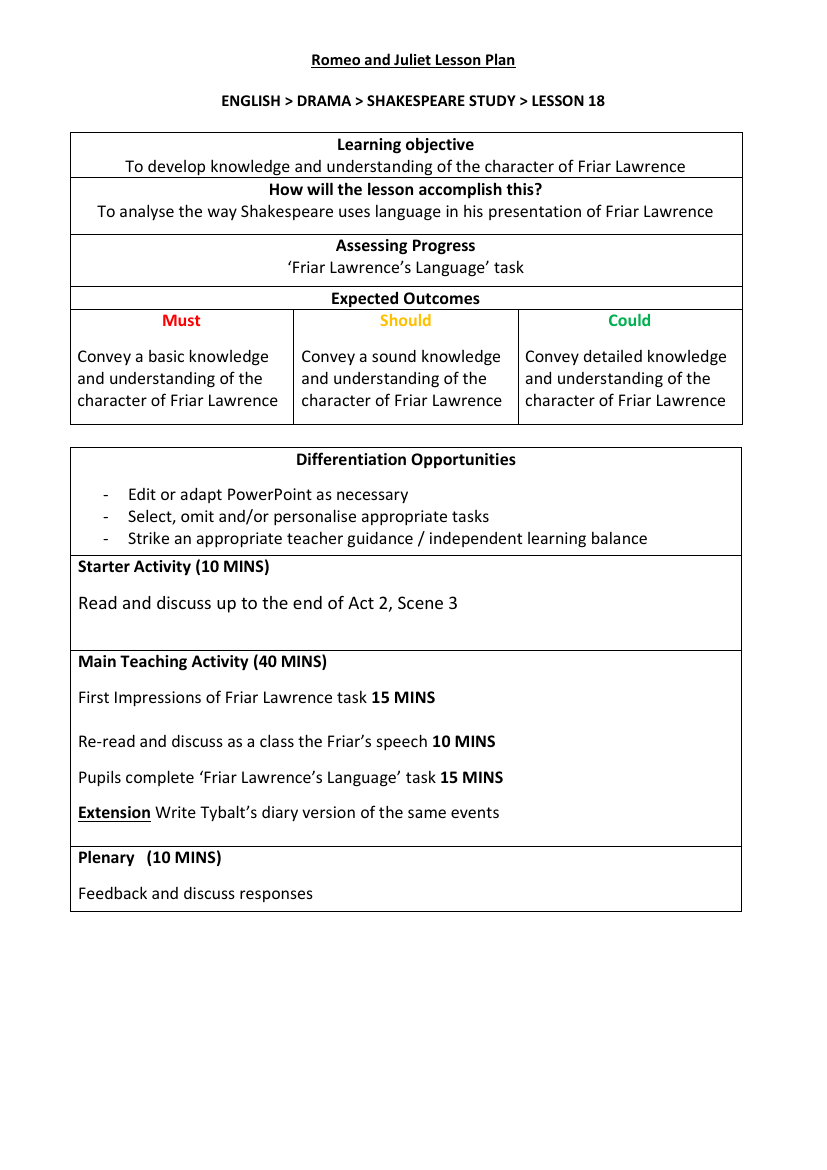 Romeo & Juliet Lesson 10: Introducing Romeo - Lesson Plan