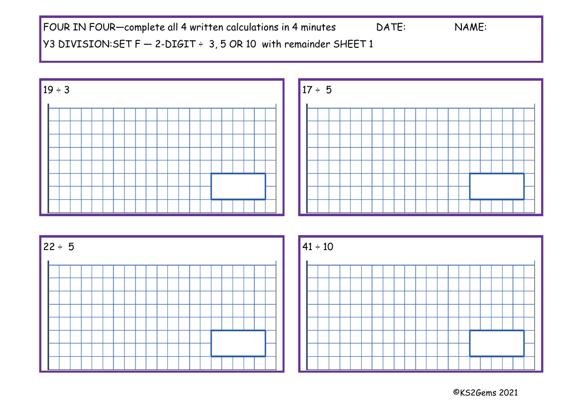 Four in Four - Division Set E 2 digit number 3, 5 or 10 with remainder