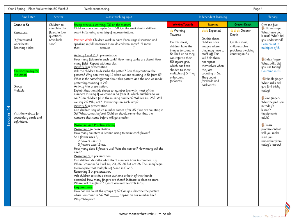 Place Value within 50 - Count in 5s 2 - Planning