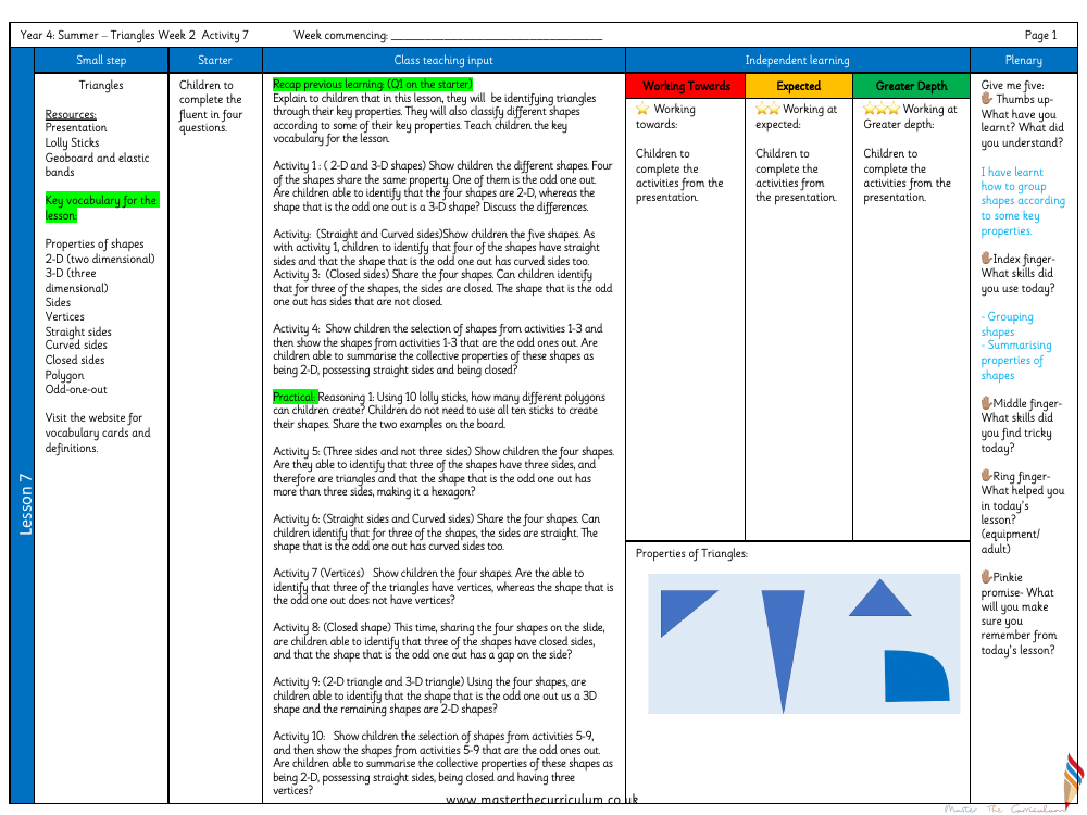 Properties of Shape - Triangle Activity - Planning