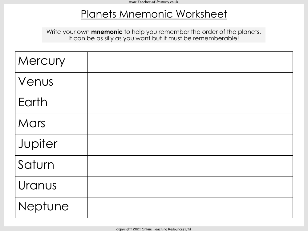 worksheets planets mnemonic