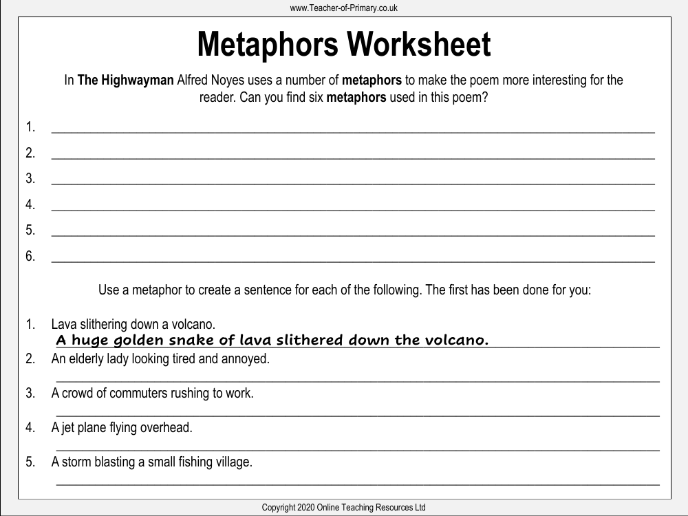 The Highwayman - Lesson 13 - Metaphors Worksheet