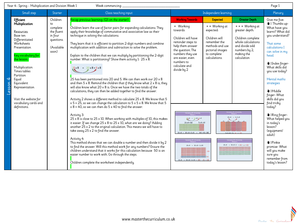 Multiplication and Division - Efficient Multiplication - Planning