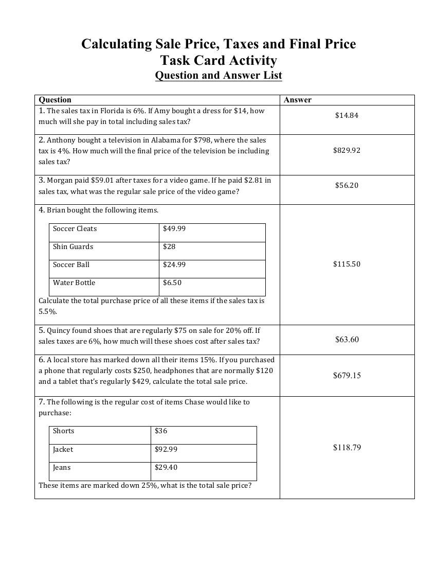 Calculating Sale Price, Taxes and Final Price - Task Cards Activity Answers