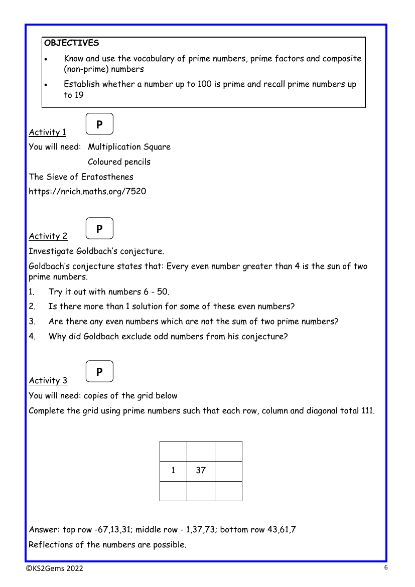 Prime numbers worksheet