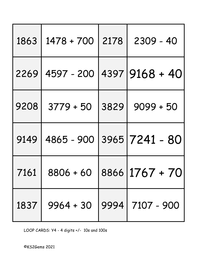 Loop Card Game - 4 digits adding and subtracting 10s and 100s