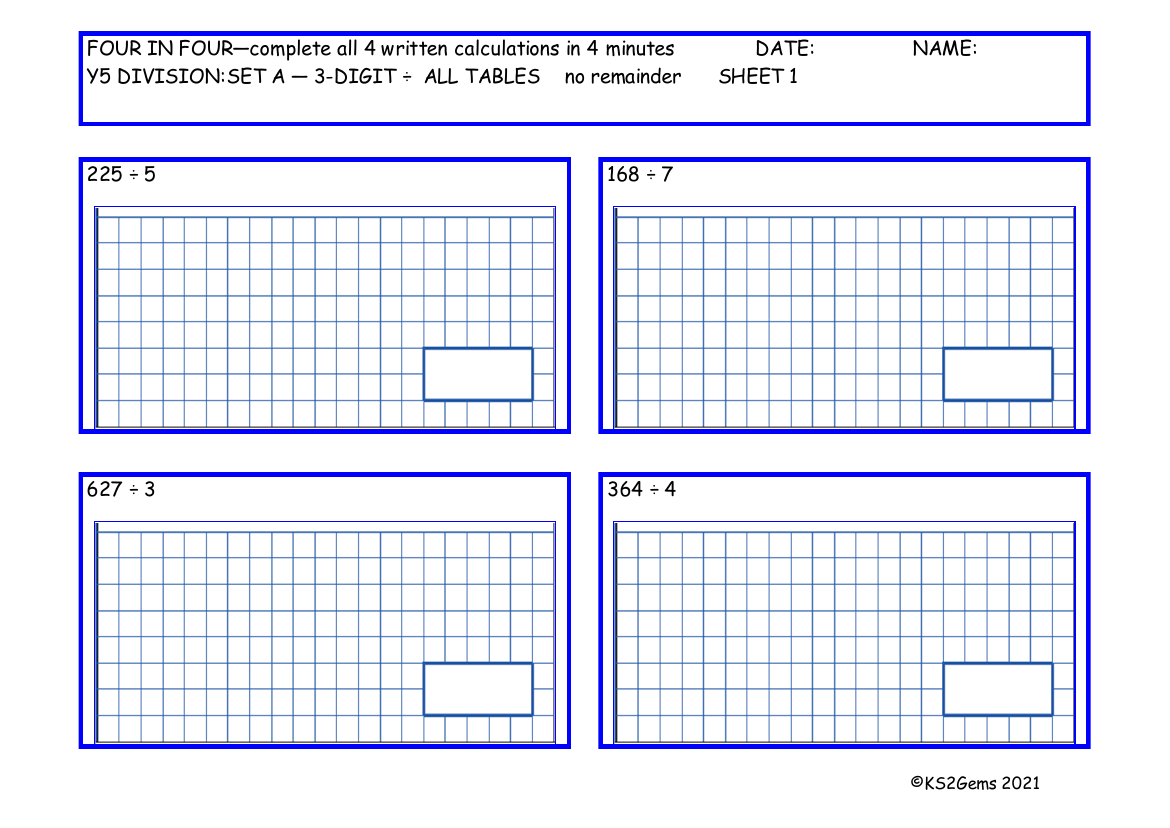 Four in Four Division Set A 3 digit number -  All Tables no remainder