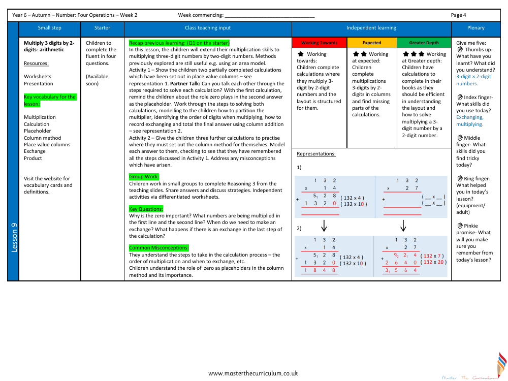 Addition, Subtraction, Multiplication and Division - Multiply 3 digits by 2-digits (arithmetic) - Planning