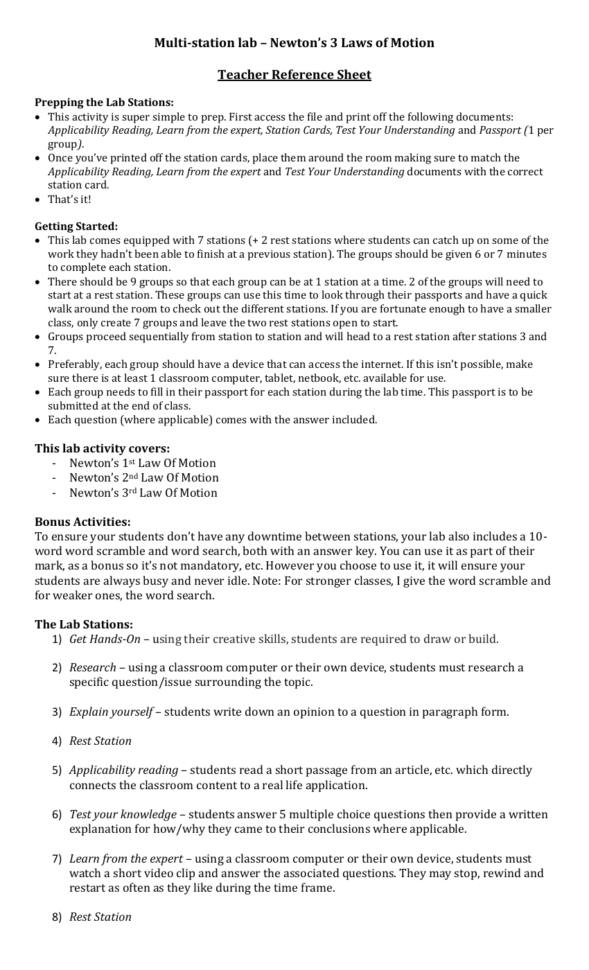 Newton's Three Laws of Motion - Activity Instructions