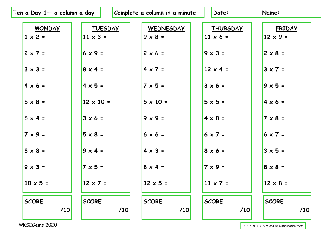 Ten a Day 2, 3, 4, 5, 6, 7, 8, 9 and 10 Times Table