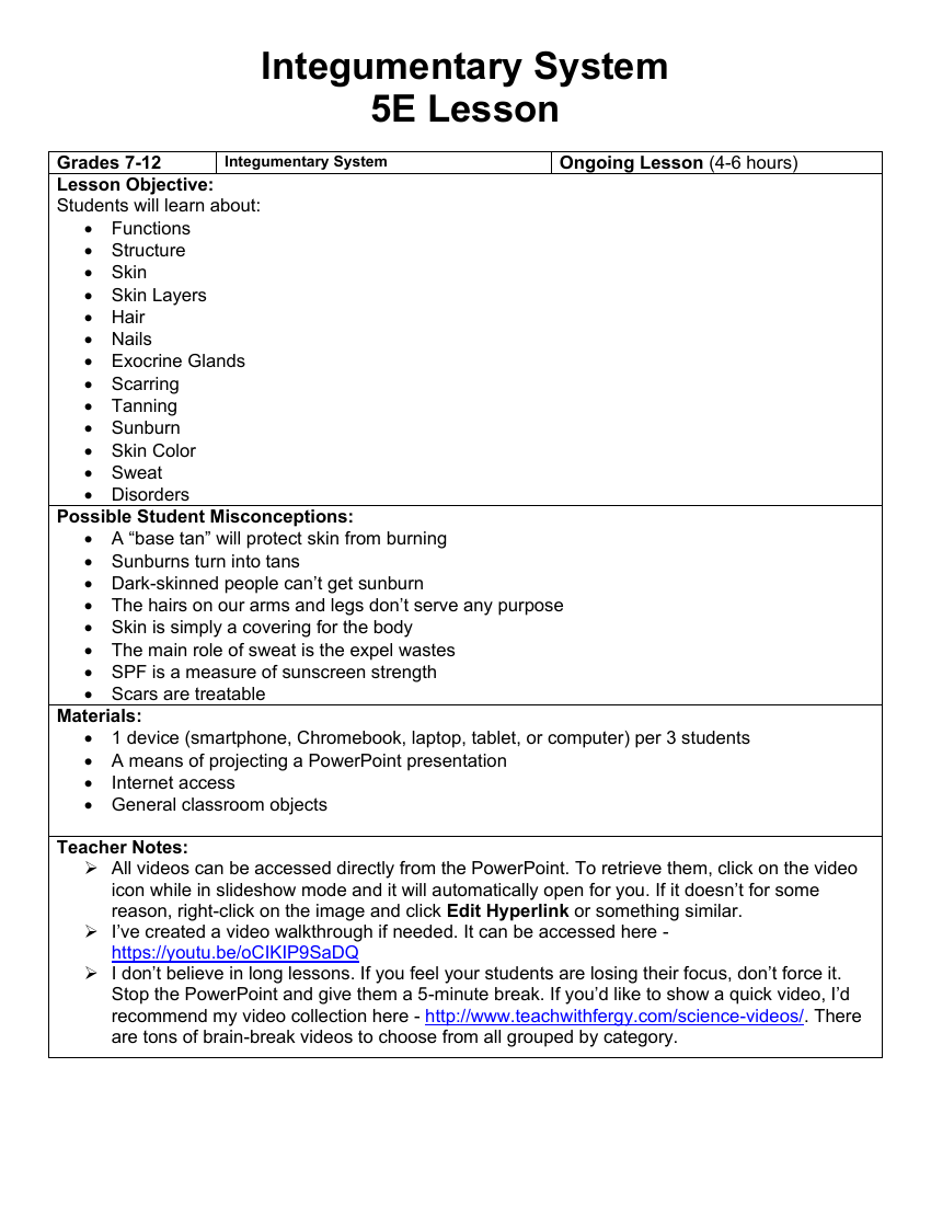 Integumentary System - Teaching Timeline