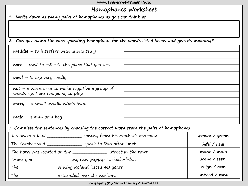 Homophones - Worksheet