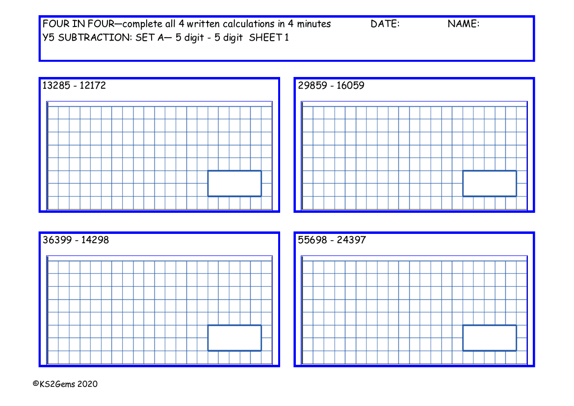 Four in Four Subtraction Set A - 5d - 5d no exchange