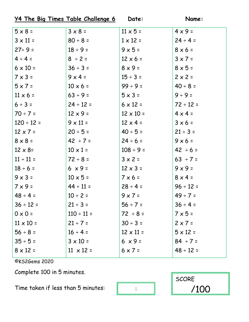 The Big Times Table Challenge 6  Objectives