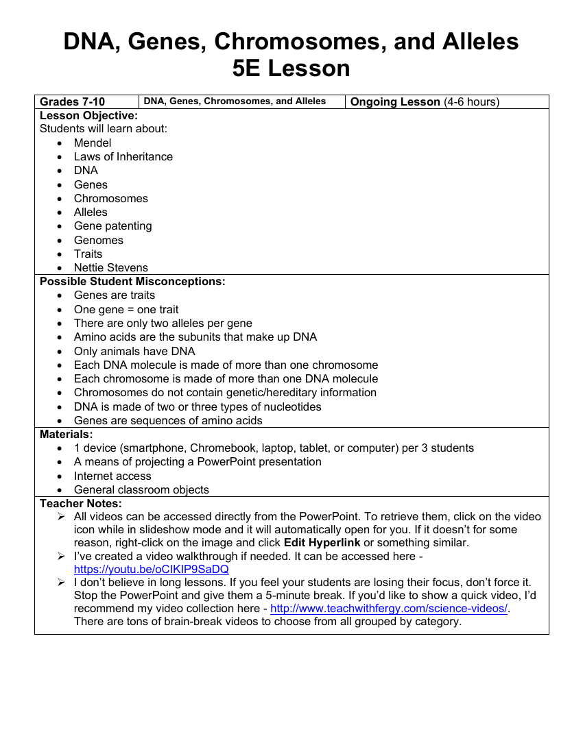 DNA, Genes, Chromosomes, and Alleles - Teaching Timeline