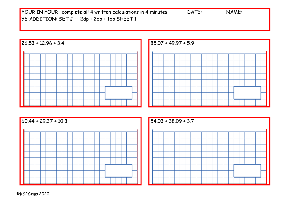 Four in Four - Addition Set J - 2dp + 2dp + 1dp