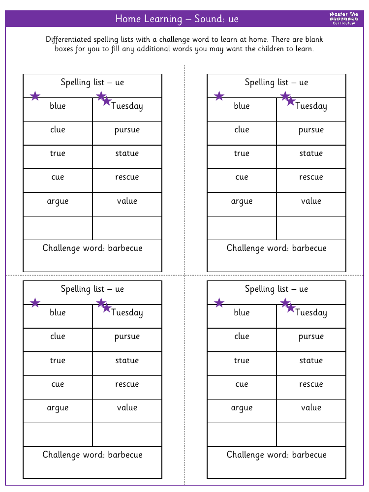 Spelling - Home learning - Sound ue