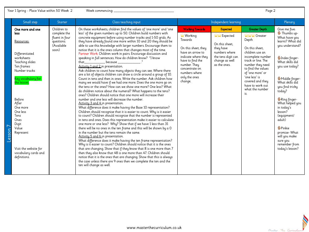 Place Value within 50 - One more one less 2 - Planning