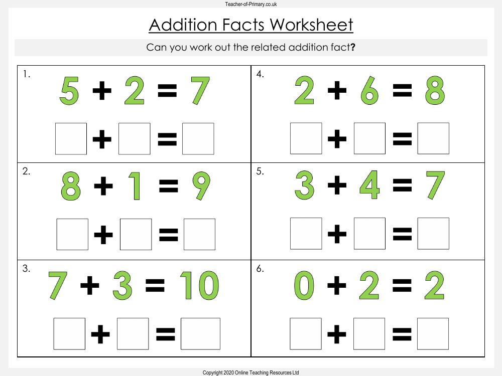 Addition and Subtraction Facts - Worksheet