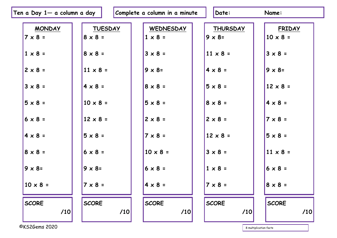 Ten a Day 8 Times Table