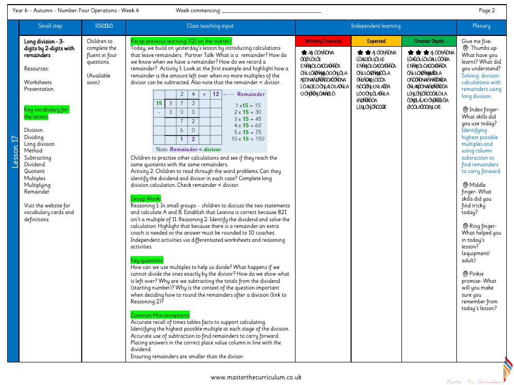 Addition, Subtraction, Multiplication and Division - Long division - 3-digits by 2-digits  (with remainders) - Planning