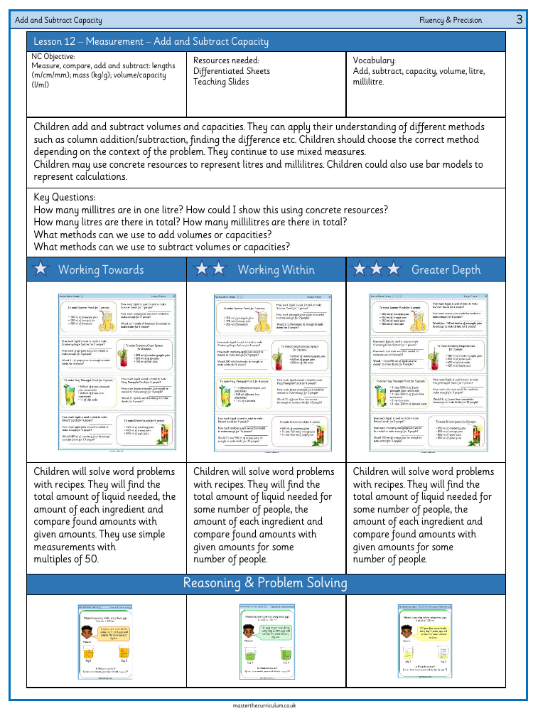 Mass and capacity - Add and subtract capacity - Worksheet