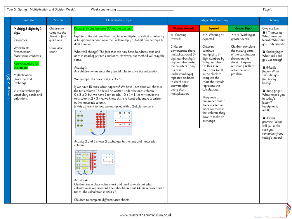 Multiplication and Division (2) - Multiply 3-digits by 1-digit - Planning