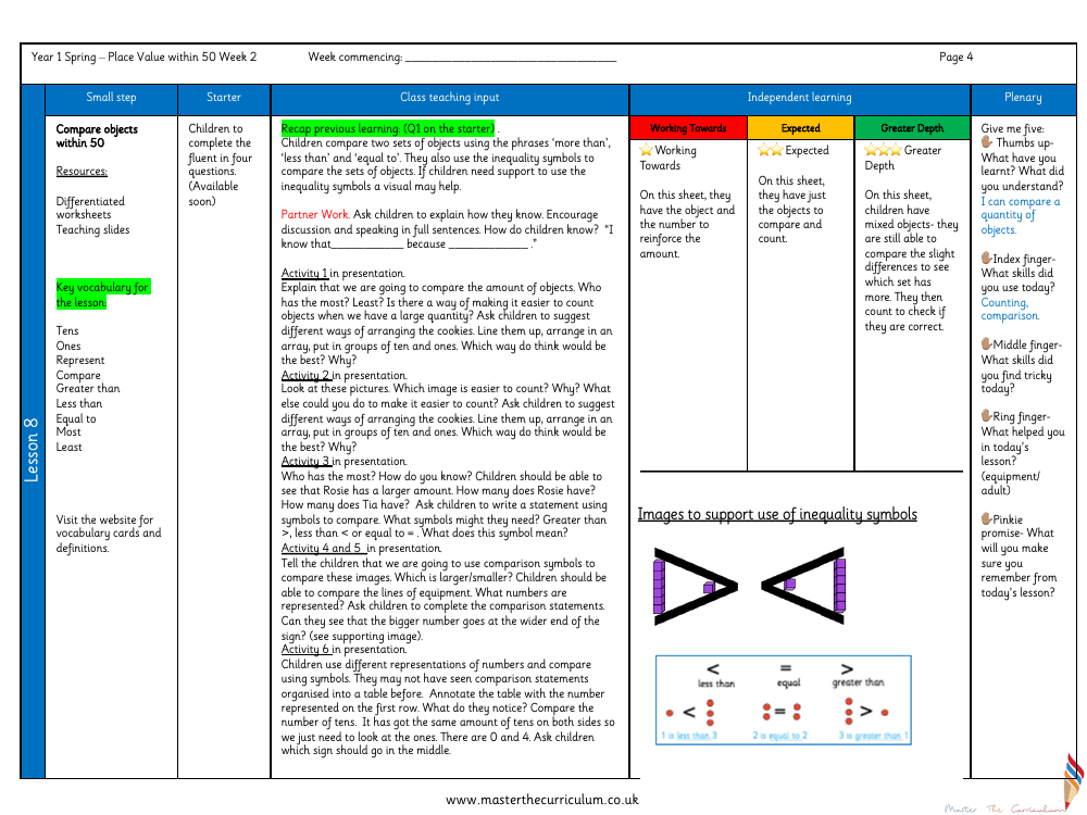 Place Value within 50 - Compare objects within 50 - Planning