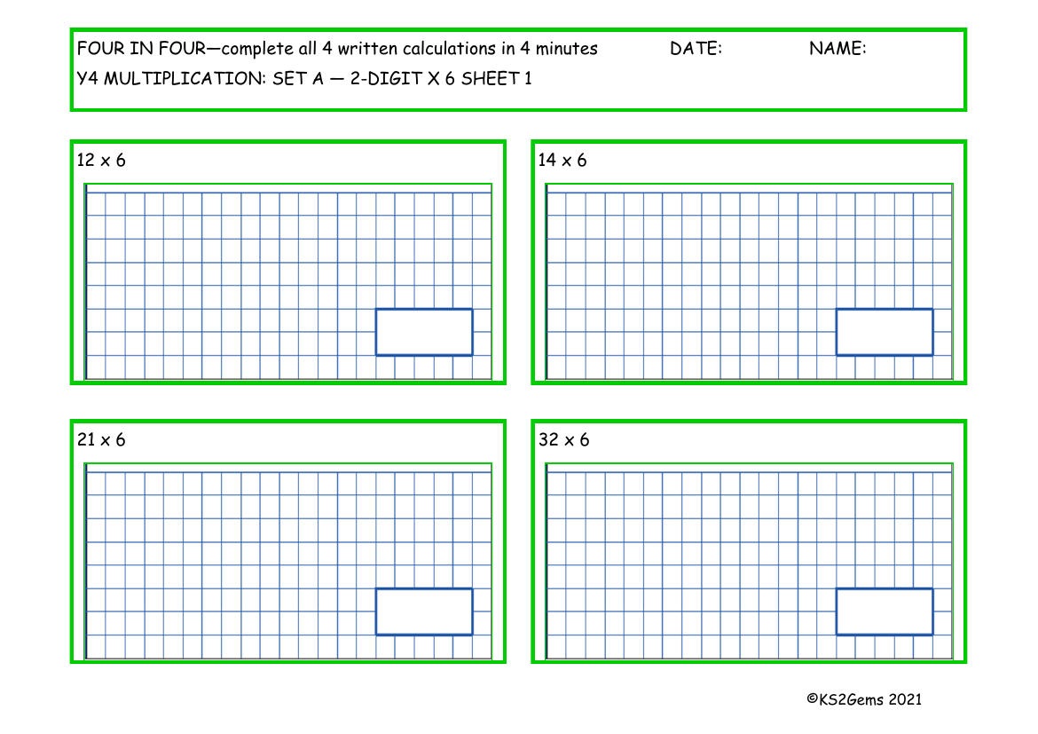 Four in Four -  Multiplication Set A 2 digit number x 6