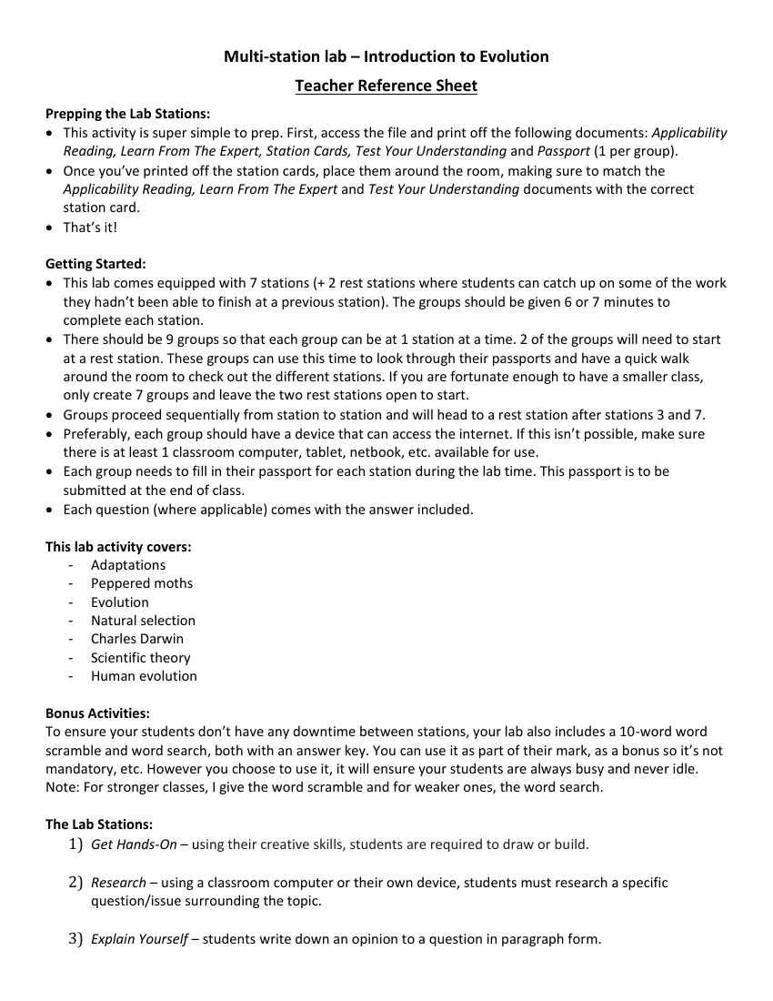 Introduction to Evolution - Activity Instructions