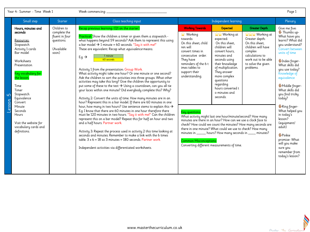 Time - Hours, Minutes and Seconds - Planning